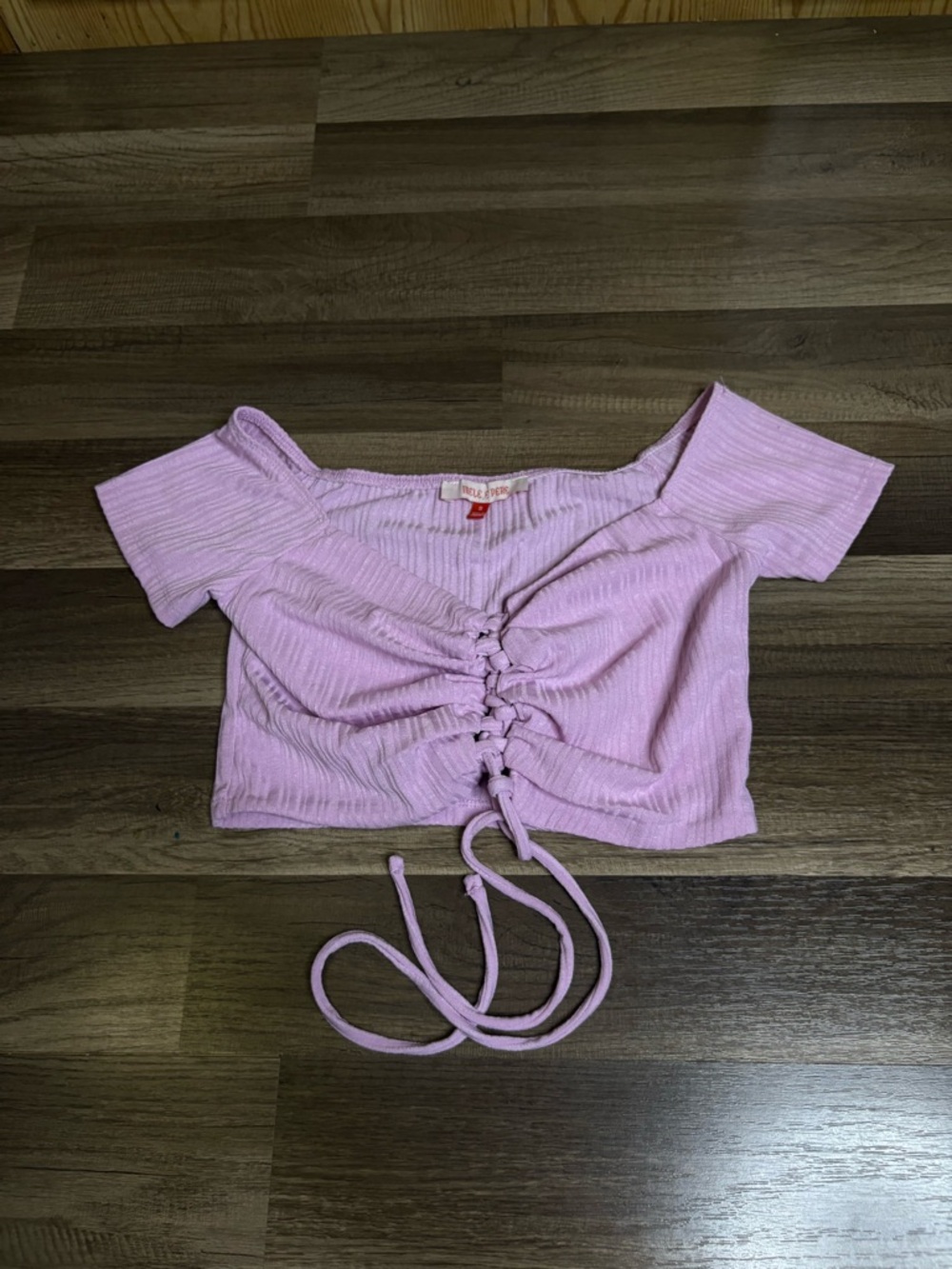 Mele e Pere Purple Ruched Tie Front Square Neck Short Sleeve Crop Top Women’s S